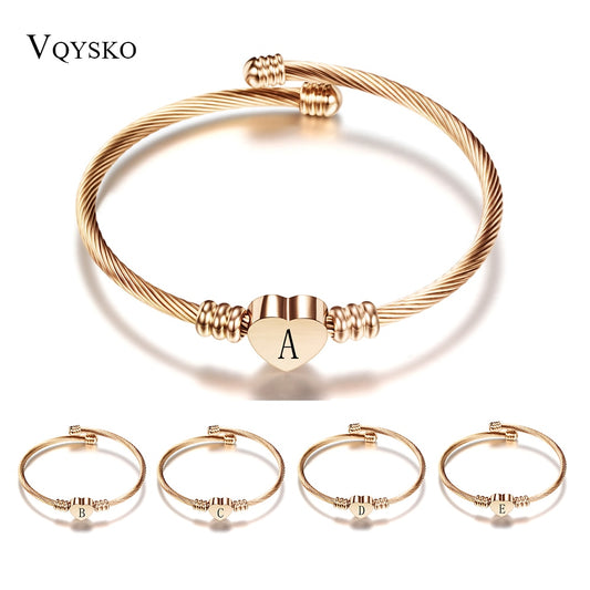 Rose gold Color Stainless Steel Heart Bracelet Bangle With Letter Fashion Initial Alphabet Charms Bracelets For Women